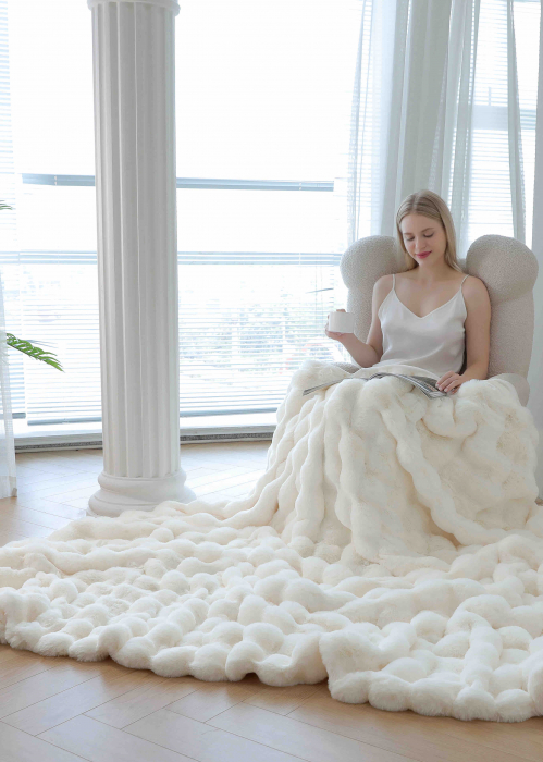 Patura Dubla Super Pufoasa cu Blanita de Iepure Alb Ivoire C806 [5]