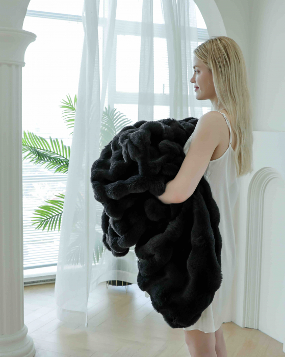 Patura Dubla Super Pufoasa cu Blanita de Iepure Negru C797 [2]