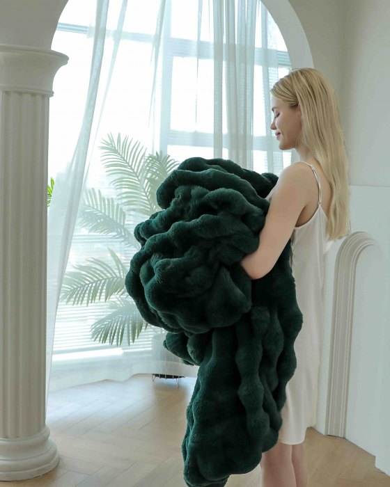 Patura Dubla Super Pufoasa cu Blanita de Iepure Verde Smarald C800 [4]