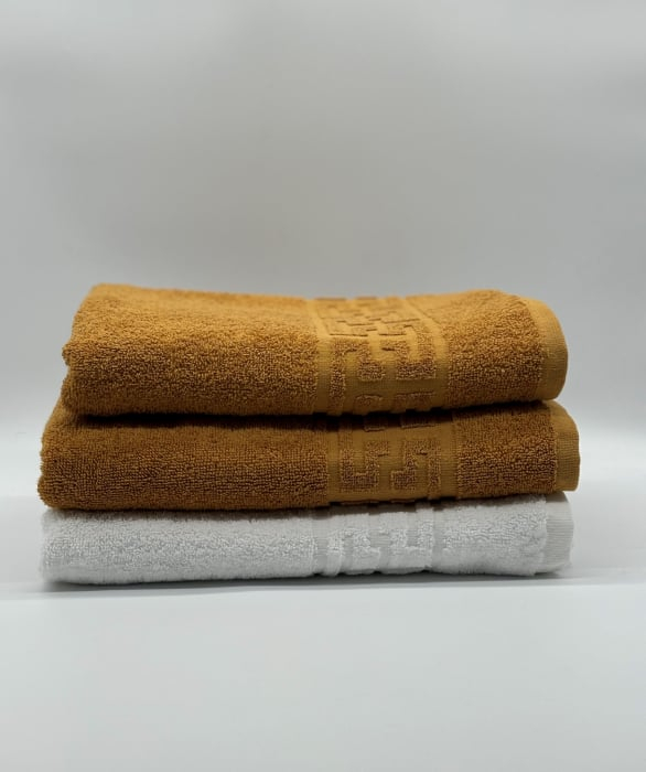 Set 3 Prosoape Bumbac 500 gr/mp, 70x130 cm, Dunga Greceasca, Alb/Galben Mustar C1208 [2]