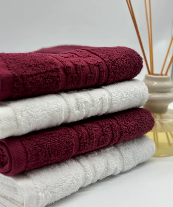 Set 4 Prosoape Bumbac 500 gr/mp, 50x90 cm, Dunga Greceasca, Alb/Grena C1161 [3]