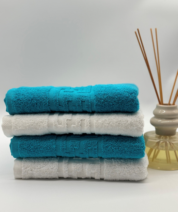 Set 4 Prosoape Bumbac 500 gr/mp, 50x90 cm, Dunga Greceasca, Alb/Turcoaz C1162 [2]