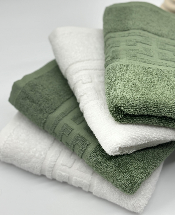 Set 4 Prosoape Bumbac 500 gr/mp, 50x90 cm, Dunga Greceasca, Alb/Verde Kaki C1159 [2]
