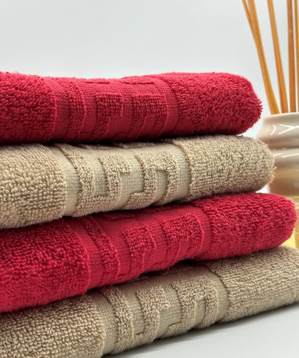 Set 4 Prosoape Bumbac 500 gr/mp, 50x90 cm, Dunga Greceasca, Rosu/Bej C1169 [2]