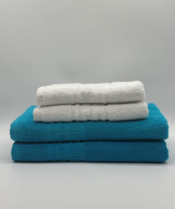 Set 4 Prosoape Bumbac 500 gr/mp, Dunga Greceasca, Alb/Turcoaz C1241 [2]