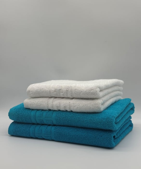 Set 4 Prosoape Bumbac 500 gr/mp, Dunga Greceasca, Alb/Turcoaz C1241 [1]
