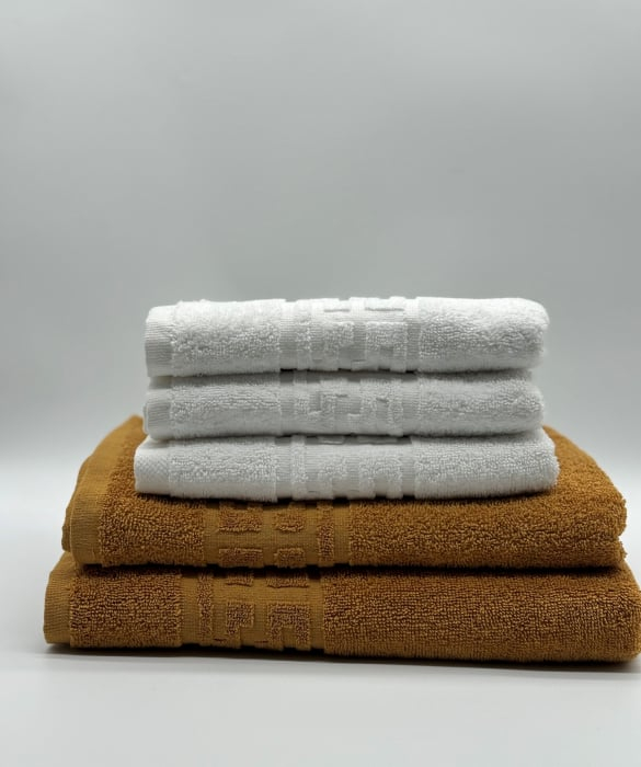 Set 5 Prosoape Bumbac 500 gr/mp, Dunga Greceasca, Alb/Galben Mustar C1247 [2]