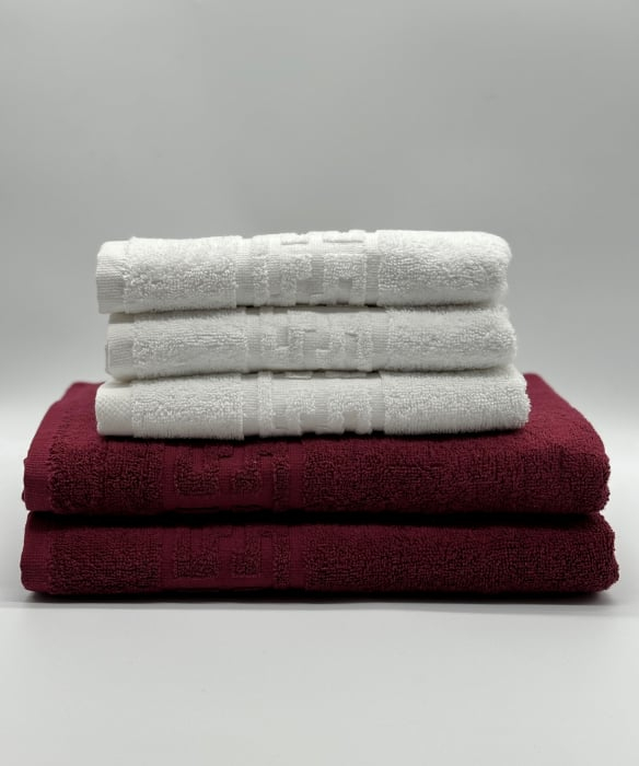 Set 5 Prosoape Bumbac 500 gr/mp, Dunga Greceasca, Alb/Grena C1251 [2]