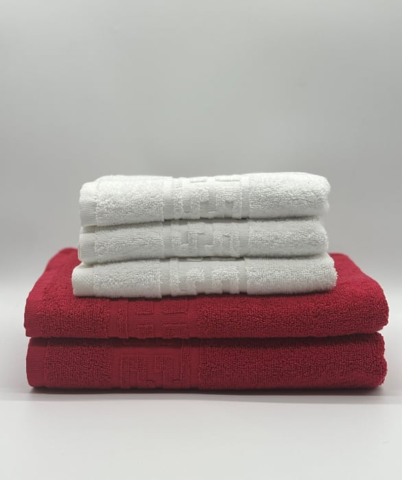 Set 5 Prosoape Bumbac 500 gr/mp, Dunga Greceasca, Alb/Rosu C1238 [2]