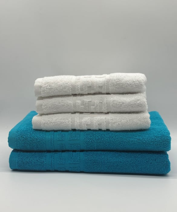 Set 5 Prosoape Bumbac 500 gr/mp, Dunga Greceasca, Alb/Turcoaz C1240 [2]