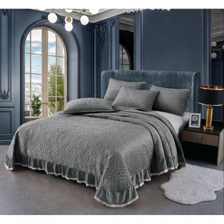 CUVERTURI - Cuvertura catifea cu volanase si dantela + 2 fețe pernă, gri inchis C1313