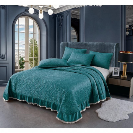 CUVERTURI - Cuvertura catifea cu volanase si dantela + 2 fețe pernă,turquoise C1306