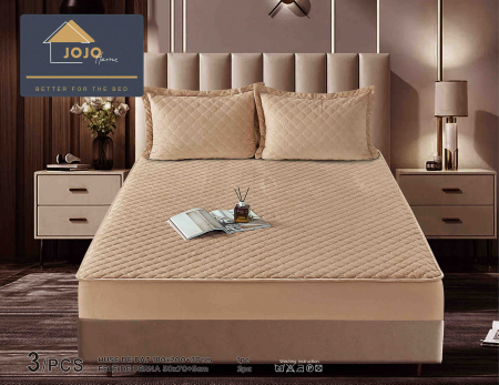 Huse de Pat Catifea - Husa de Pat Catifelata cu Elastic, 180 x 200cm, cu Doua Fete de Perna, Bej , C624