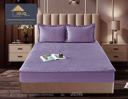 Huse de Pat Catifea - Husa de Pat Catifelata cu Elastic, 180 x 200cm, cu Doua Fete de Perna, Mov , C619