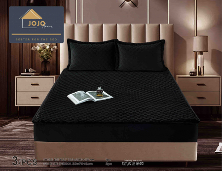 Huse de Pat Catifea - Husa de Pat Catifelata cu Elastic, 180 x 200cm, cu Doua Fete de Perna, Negru , C618