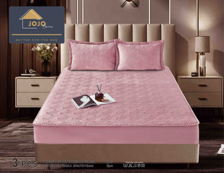 Huse de Pat Catifea - Husa de Pat Catifelata cu Elastic, 180 x 200cm, cu Doua Fete de Perna, Roz , C629