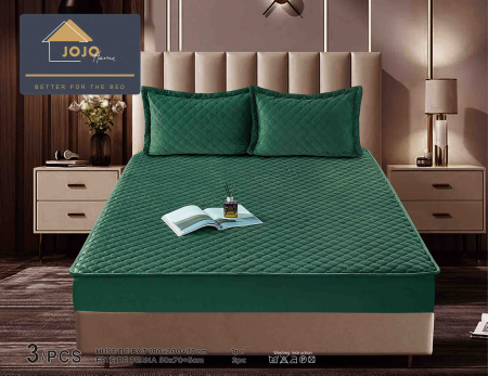 Huse de Pat Catifea - Husa de Pat Catifelata cu Elastic, 180 x 200cm, cu Doua Fete de Perna, Verde , C625