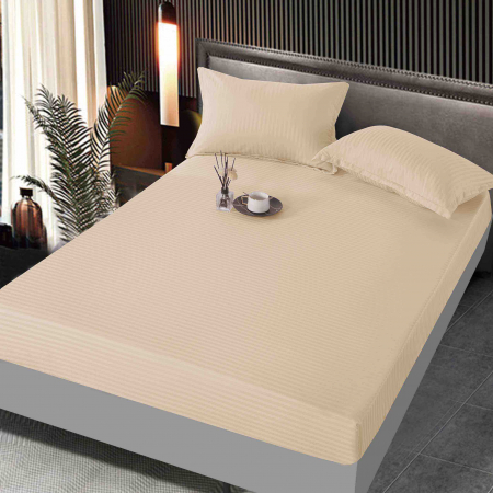 Huse de Pat Damasc 160x200 - Husa de pat tip Damasc cu Elastic cu 2 fete de perna 160x200 cm Crem C1052