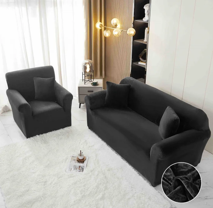 HUSE CANAPELE & SCAUNE - Husa Elastica Pentru Canapea din Catifea 3 Locuri - Negru C665