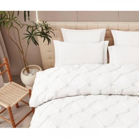 Lenjerie de Pat Premium , două persoane , 6 Piese ,Bumbac Finet , cearceaf de pat 180x200 cu ELASTIC, Pliuri Brodate , Alb C1096 [2]