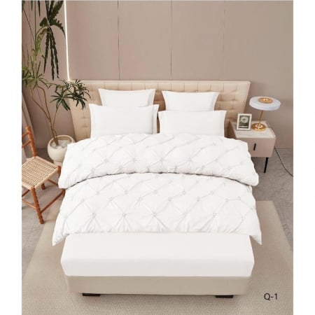Lenjerii de Pat cu Pliuri - Lenjerie de Pat Premium , două persoane , 6 Piese ,Bumbac Finet , cearceaf de pat 180x200 cu ELASTIC, Pliuri Brodate , Alb C1096