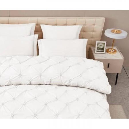 Lenjerie de Pat Premium , două persoane , 6 Piese ,Bumbac Finet , cearceaf de pat 180x200 cu ELASTIC, Pliuri Brodate , Alb C1096 [1]