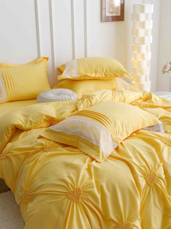 Lenjerie de Pat Dublu, Bumbac Finet, Inimi Brodate, Galben, 6 piese Jojo C574 [2]