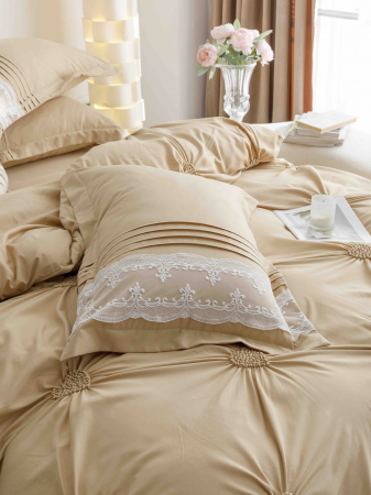 Lenjerie de Pat Dublu, Bumbac Finet, Inimi Brodate, Maro, 6 piese Jojo C565 [2]