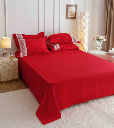 Lenjerie de Pat Dublu, Bumbac Finet, Inimi Brodate, Rosu, 6 piese Jojo C569 [1]