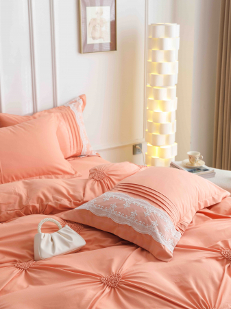 Lenjerie de Pat Dublu, Bumbac Finet, Inimi Brodate, Roz deschis, 6 piese Jojo C576 [2]