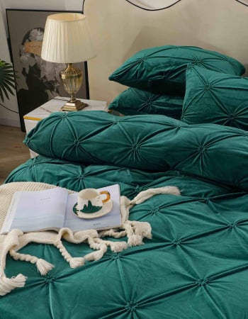 Lenjerie de Pat Dublu din Catifea, Cearceaf cu Elastic, 4 piese, Verde Smarald C259 [2]