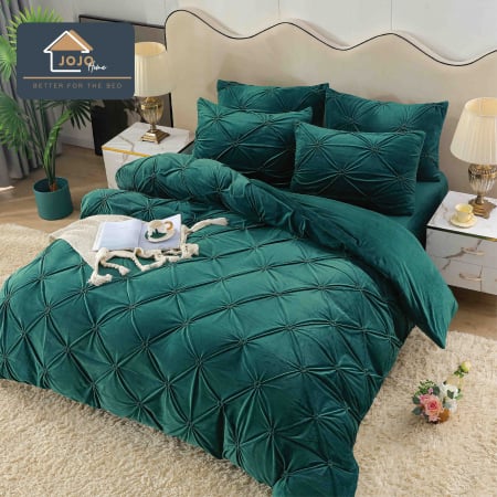Lenjerie de Pat Dublu din Catifea, Cearceaf cu Elastic, 4 piese, Verde Smarald C259 [3]