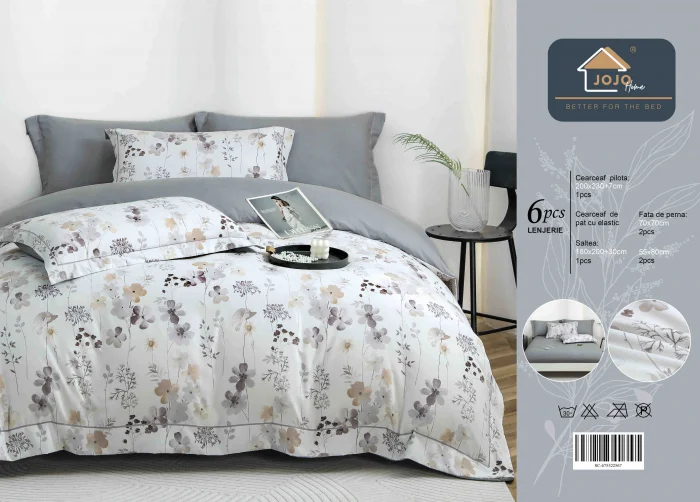 Lenjerie de Pat Dublu, Model Lux, Cutie Cadou, 6 Piese, Cearceaf cu Elastic, Bumbac Finet DH039 [4]