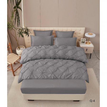 Lenjerii de Pat cu Pliuri - Lenjerie de Pat Premium , două persoane , 6 Piese ,Bumbac Finet , cearceaf de pat 180x200 cu ELASTIC, Pliuri Brodate , Gri Inchis C1099