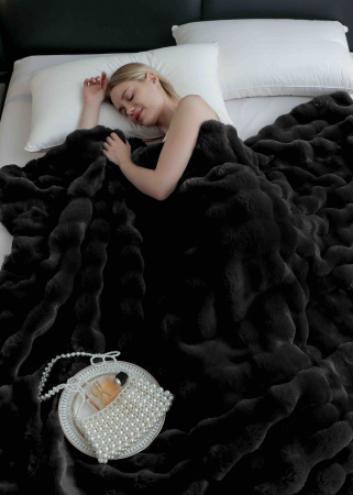 Patura Dubla Super Pufoasa cu Blanita de Iepure Negru C797 [3]