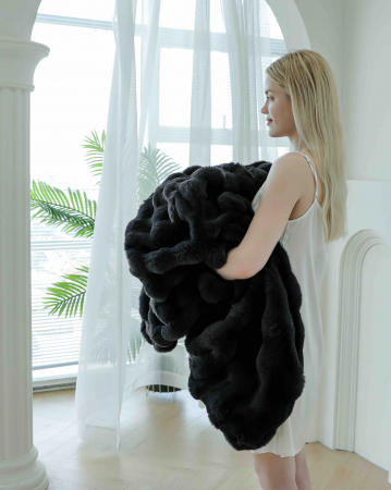 Patura Dubla Super Pufoasa cu Blanita de Iepure Negru C797 [1]