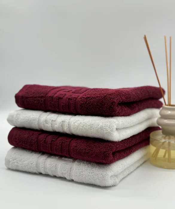 PROSOPE - Set 4 Prosoape Bumbac 500 gr/mp, 50x90 cm, Dunga Greceasca, Alb/Grena C1161