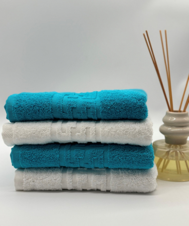 Set 4 Prosoape Bumbac 500 gr/mp, 50x90 cm, Dunga Greceasca, Alb/Turcoaz C1162 [1]