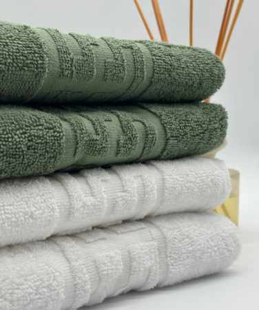 Set 4 Prosoape Bumbac 500 gr/mp, 50x90 cm, Dunga Greceasca, Alb/Verde Kaki C1159 [2]