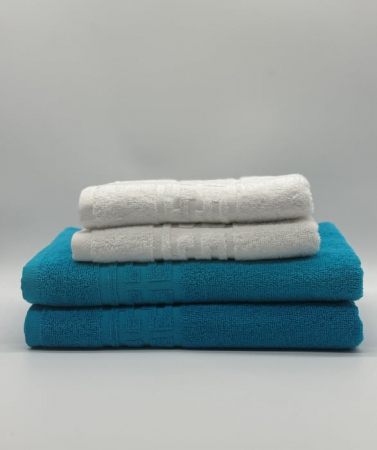 Set 4 Prosoape Bumbac 500 gr/mp, Dunga Greceasca, Alb/Turcoaz C1241 [1]