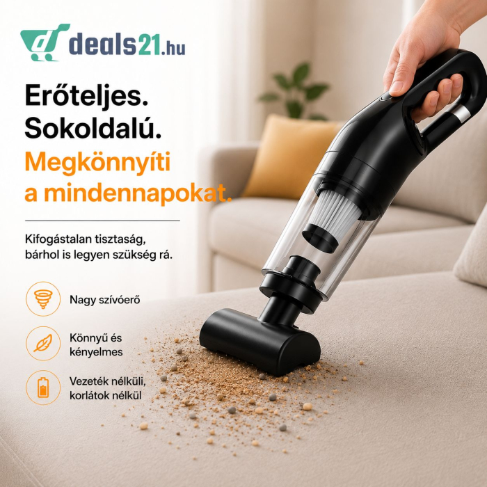 2 az 1-ben hordozható porszívó otthonra és autóba 120 W, gyűjtőkapacitás 0,35 L,1000Pa szívóerő, 20–25 perc üzemidő, vezeték nélküli, USB töltés, tartozékokkal, fekete [3]