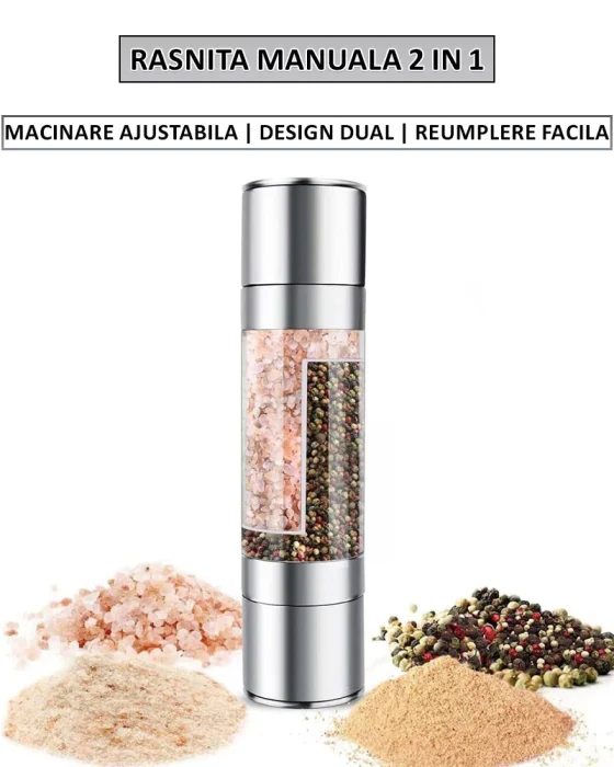 2 az 1-ben kézi só- és borsőrlő – állítható szemcseméret, kerámia mechanizmus, átlátszó rekeszek, rozsdamentes acél, ezüst [6]