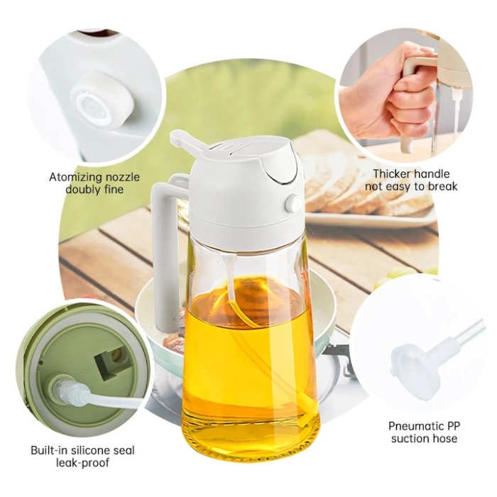 2 az 1-ben olajspray és adagoló palack 250 ml, permetező és kiöntő funkcióval, üveg anyag, főzéshez, sütéshez, grillezéshez [5]