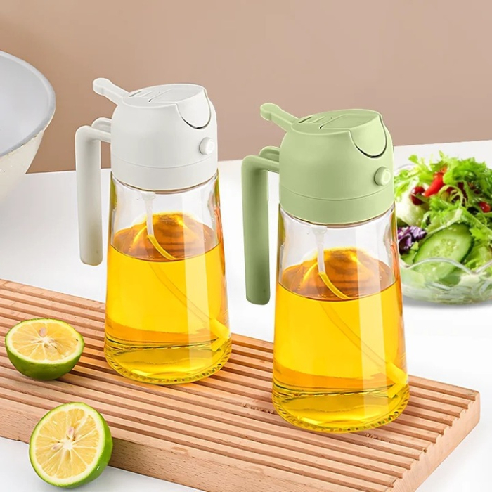 2 az 1-ben olajspray és adagoló palack 250 ml, permetező és kiöntő funkcióval, üveg anyag, főzéshez, sütéshez, grillezéshez [6]