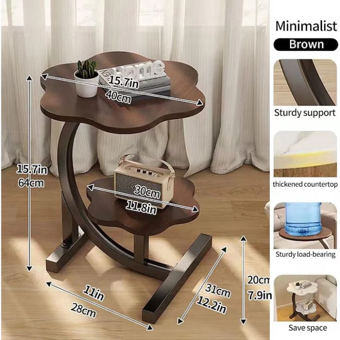 2 szintes oldalasztal, fa hatású lap és fém váz, modern kompakt design, nappaliba, hálószobába vagy irodába, barna/fekete [2]