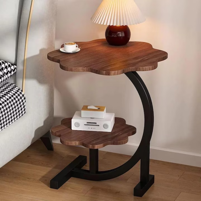 2 szintes oldalasztal, fa hatású lap és fém váz, modern kompakt design, nappaliba, hálószobába vagy irodába, barna/fekete [5]