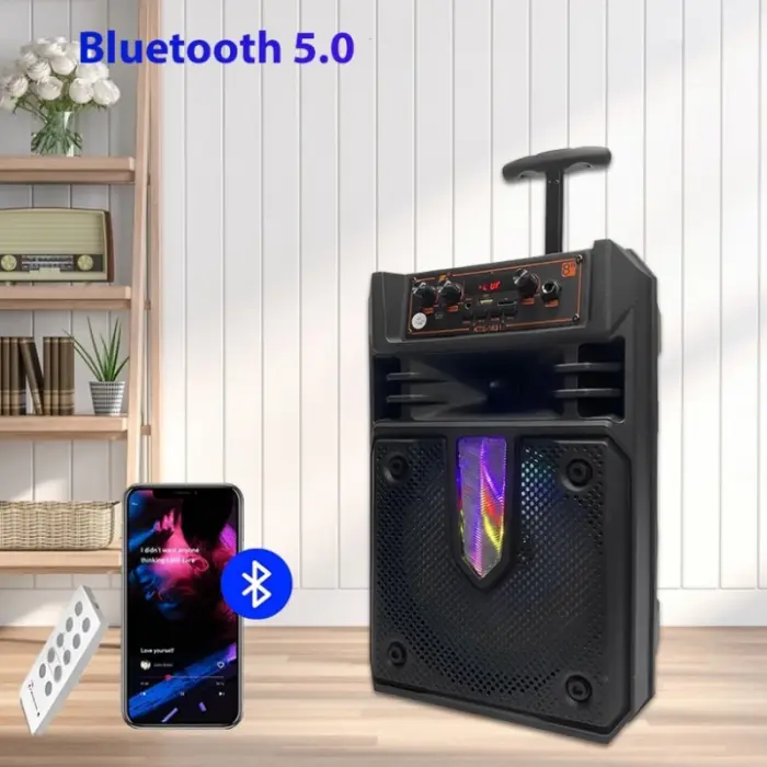 200W PMPO Trolly típusú hordozható hangszóró Bluetooth 5.0, LED fényekkel, USB, MicroSD, AUX, 1800mAh akkumulátorral, 8-12 óra üzemidővel – Tiszta és erőteljes hang, tökéletes bulikhoz és eseményekhez [4]