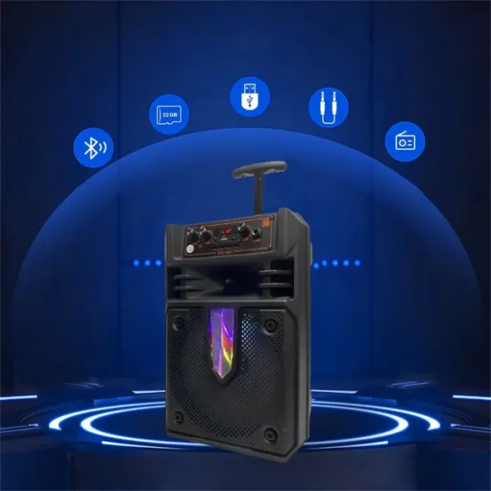 200W PMPO Trolly típusú hordozható hangszóró Bluetooth 5.0, LED fényekkel, USB, MicroSD, AUX, 1800mAh akkumulátorral, 8-12 óra üzemidővel – Tiszta és erőteljes hang, tökéletes bulikhoz és eseményekhez [5]