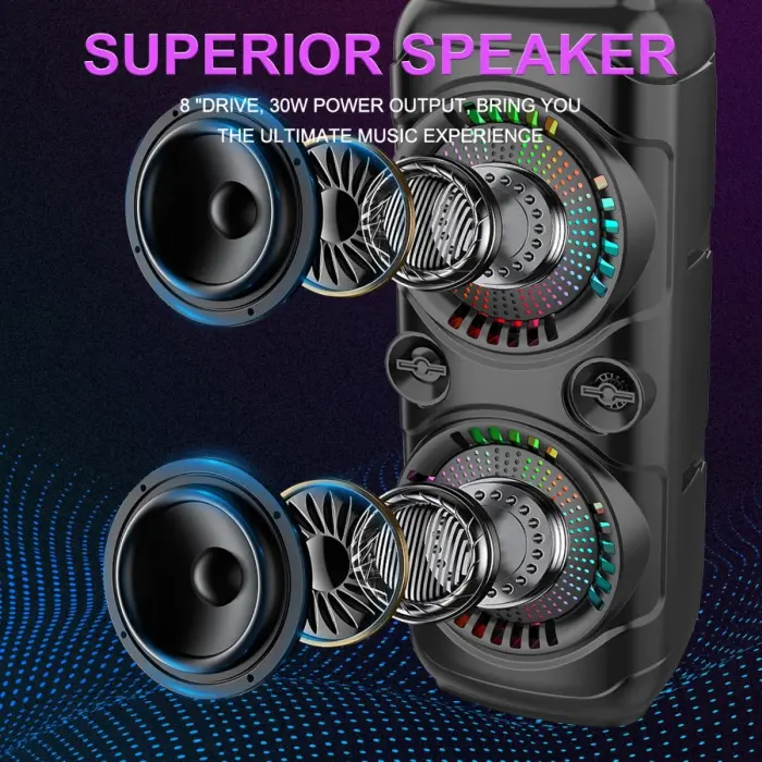 250 W PMPO hordozható hangszóró Bluetooth kapcsolattal, mikrofonnal, 2 x 8 hüvelykes hangszóróval, karaoke funkcióval, LED fényekkel, FM rádióval, víz- és porálló – ideális bulikhoz és szabadtéri szór [7]