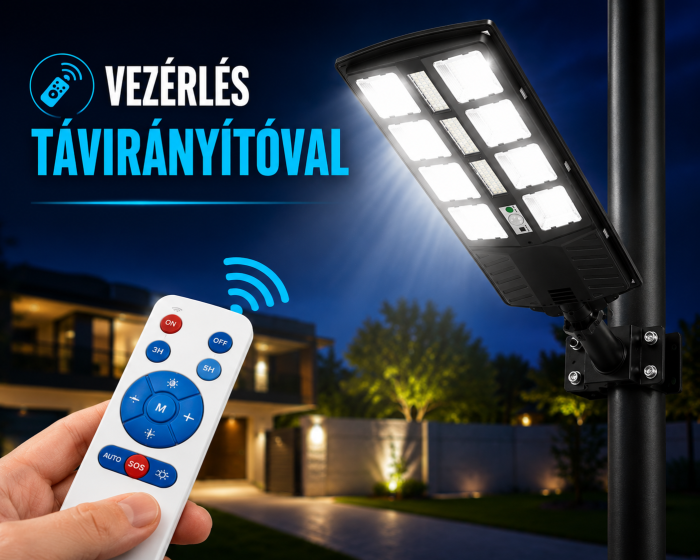 2800W-os Napelemes LED Utcai Lámpa, Távirányítóval, Mozgásérzékelővel, IP65 Vízálló Kivitelben, Beépített Akkumulátorral, Udvarokhoz, Kertekhez, Parkolókhoz és Sétányokhoz [4]